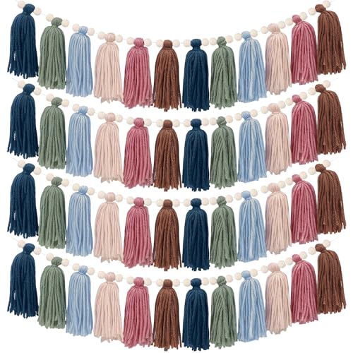 4 Pcs Boho Tassel Garland Set, Pastel Rainbow Wall Decor with Wood Beads