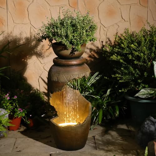 Modern Spiral Tiered Outdoor Water Fountain with LED Light & Planter