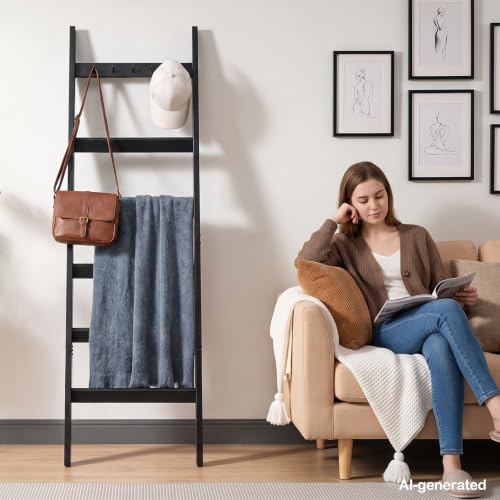 6-Tier Solid Wood Blanket Ladder with Hooks, 5.4ft Farmhouse Quilt Rack