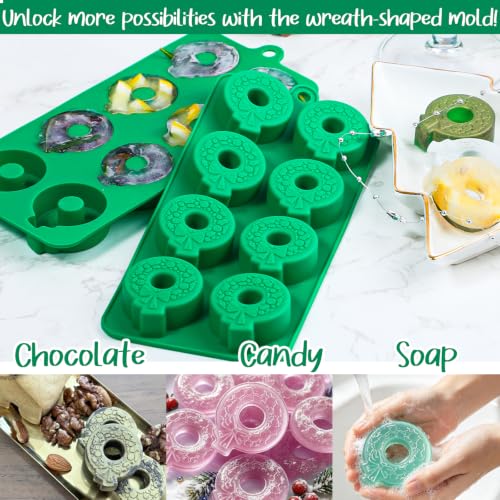 Webake Christmas Wreath Ice Cube Molds 2-Pack - Holiday Silicone Wreath Trays for Cocktails & Drinks