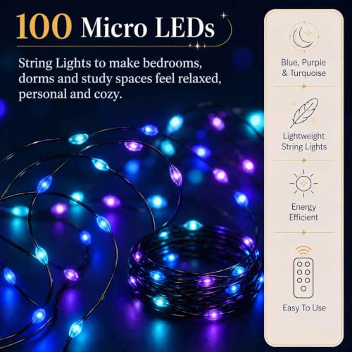 QBIS USB Micro LED String Lights 100 Blue, Purple & Turquoise - Black Wire, Remote Control