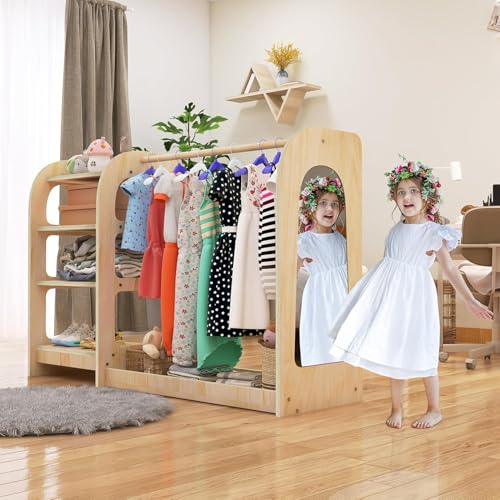 Kids Dress Up Storage Wardrobe with Mirror and Shelves - Wooden Kids Closet Organizer