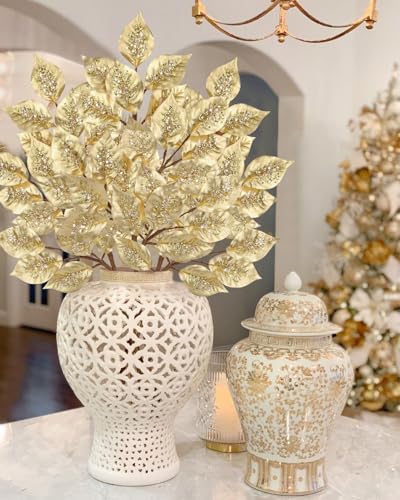 Oairse Champagne Elm Christmas Tree Picks, 31.5-Inch Gold Artificial Branches, 3 Pcs Holiday Decor