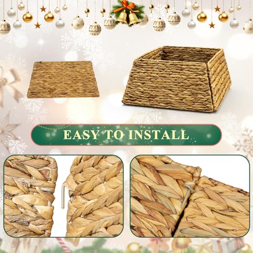 Lanpn 17 Inch Brown Rattan Christmas Tree Collar Square Woven Wicker Skirt