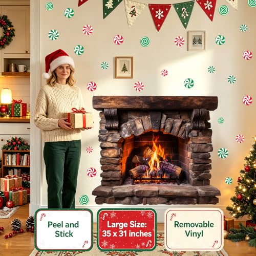 Brown Large Fireplace Wall Decal - 3D Christmas Mantel Stickers Peel & Stick