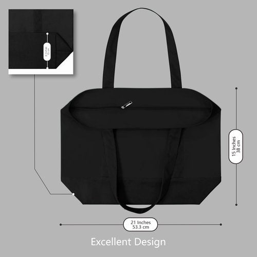 TOPDesign 1-Pack Canvas Tote Bag with an External Pocket, Reusable Grocery Shopping Bag, Top Zipper Closure, Daily Essentials (Black)