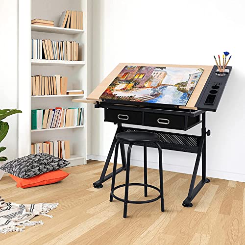 Adjustable Drafting Table with 2 Storage Drawers and Stool