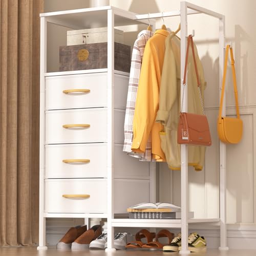 VERONLY White Reversible Bedroom Dresser with Clothes Hanging Rack & 4 Fabric Drawers
