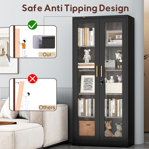 Lockable Metal Display Cabinet with Glass Doors and 4 Adjustable Shelves
