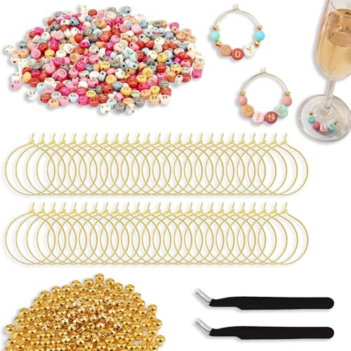 60 Sets Wine Glass Charms Kit with Letter Beads & Rings for Parties