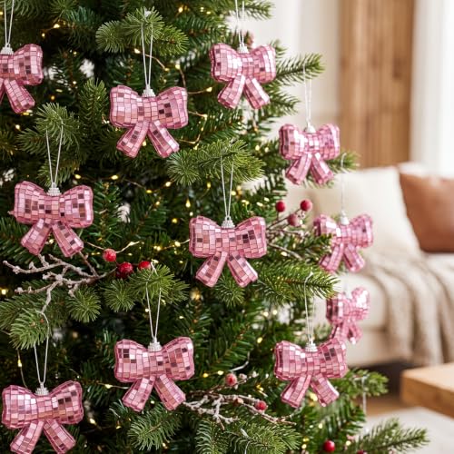 Sosation Pink Bow Christmas Ornaments Set - 12 Shimmering Holiday Decorations