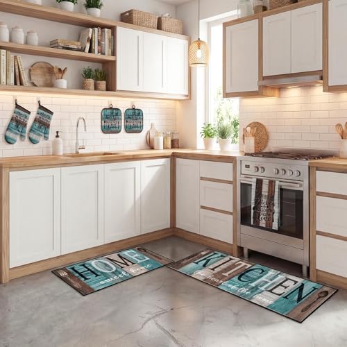 10-Piece Farmhouse Kitchen Decor Set, Turquoise Teal Towels, Rugs & Mitts
