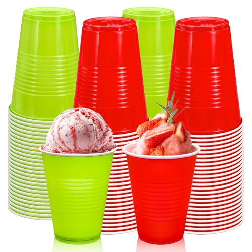 Green & Red 16oz Christmas Plastic Cups, 100-Pack, Stackable Disposable Party Cups