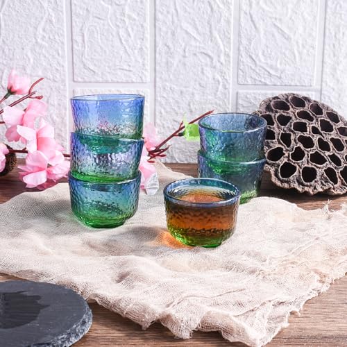 Whitenesser Set of 6 Blue Green Hammered Glass Sake Cups 2.2" Small Drinkware