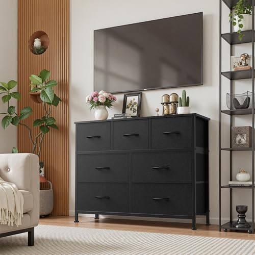 7 Drawer Fabric Dresser for Bedroom Storage with Wooden Top and Steel Frame