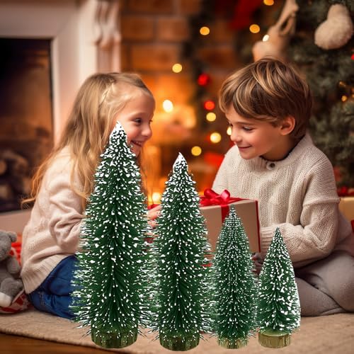 Yahpetes 8 Pcs Mini Christmas Artificial Tree Set with Snow Frost for DIY Home Decor (Green)