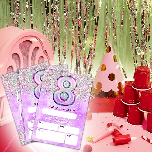 8th Birthday Invitation Cards with Envelopes, 20-Pack Purple Holographic