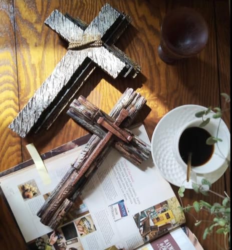 Rustic Layered Wood-Look Resin Wall Cross with Faux Iron Nail Accents
