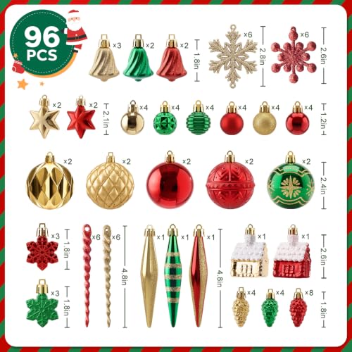 VeriNatural 96Pcs Shatterproof Christmas Ornaments Set – Multi-Color with Gold Hangers