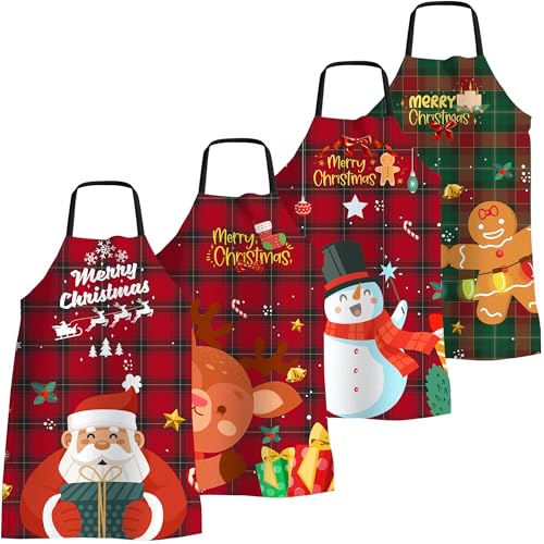 FunChaos 4 Pack Christmas Chef Aprons for Women & Men Plaid Waterproof Kitchen Bibs