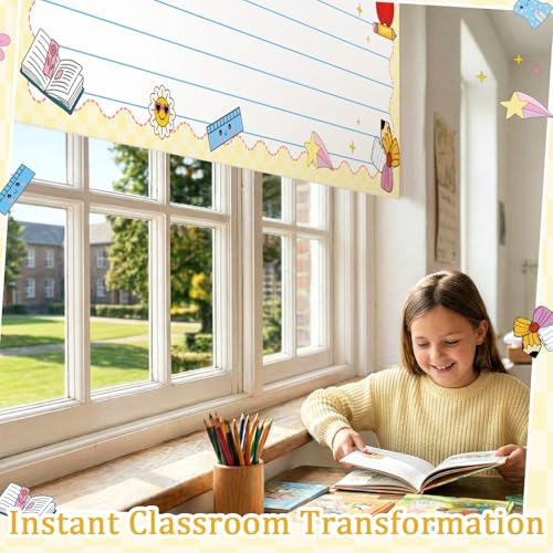 6-Piece School Themed Window Valance Set, 54" x 18" Classroom Cafe Curtains