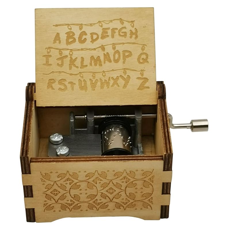 Vintage Wooden Hand Crank Music Box with Laser Engraved Design