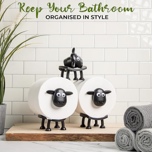 Sheep Toilet Roll Holder Set - Free Standing Cute 3D Printed Black Sheep Bathroom Decor and Tissue Storage