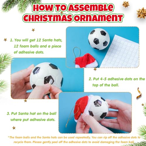 HyDren 12 Pcs Soccer Christmas Ball Ornaments with Santa Hats – 2.4" Foam Football Decor (Soccer Variation)
