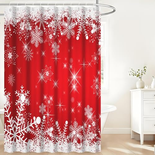 Christmas Shower Curtain Red and White Snowflakes Winter Wonderland