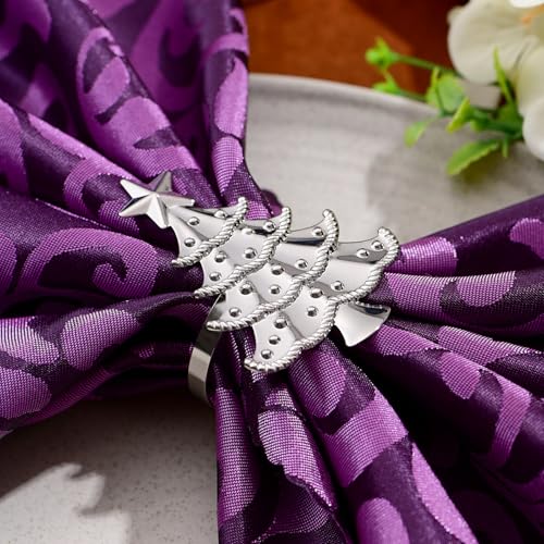 Hayooha Christmas Tree Silver Napkin Rings Set of 6 - Holiday Table Decor