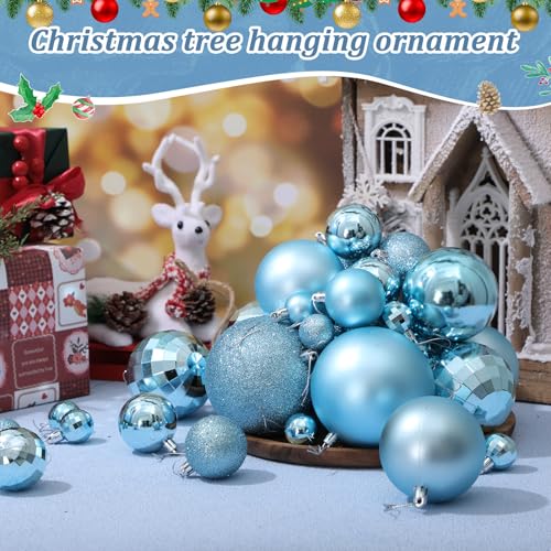 Wettarn Ice Blue 50 Pcs Shatterproof Christmas Ball Ornaments - 4/3.2/2/1.2'' with Matte, Shiny, Disco Mirror & Glitter Finishes