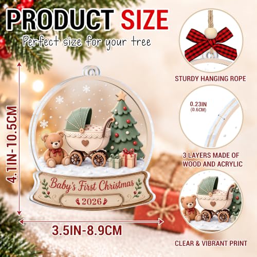 Baby's First Christmas Snow Globe Ornament 2026 - Keepsake, Wooden & Acrylic