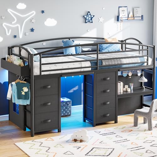 Twin Low Loft Bed with Desk, Storage Drawers, LED Lights & Play Curtain