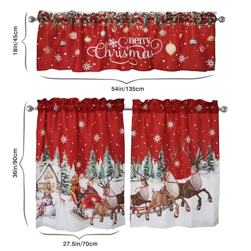 WeFrea Red Christmas 3-Piece Kitchen Curtain Set 27.5"W x 36"L Snowflake Trees Valance 54"W x 18"