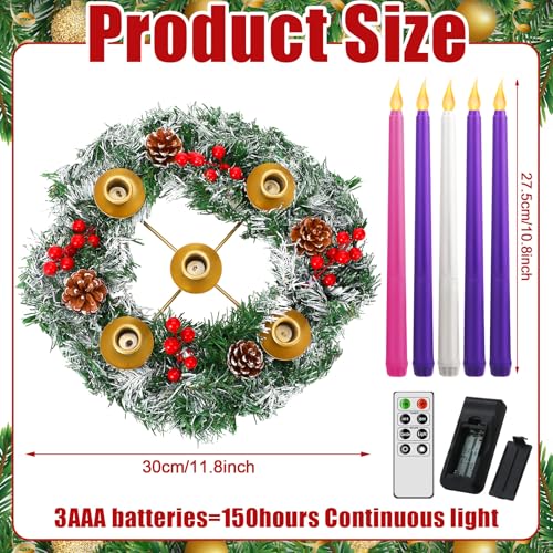 12-Inch Christmas Advent Wreath Candle Holder with 5 Flameless LED Candles