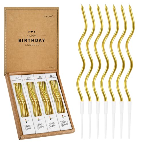 Gold Metallic Spiral Birthday Cake Candles with Holders - 24 Pack