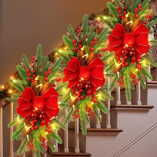 3-Pack 24-Inch Prelit Christmas Teardrop Swags with LED Lights and Ornaments