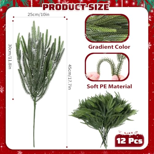 12 Pcs Christmas Norfolk Pine Branches 18" Artificial Greenery Stems – Flexible Wired Sprigs