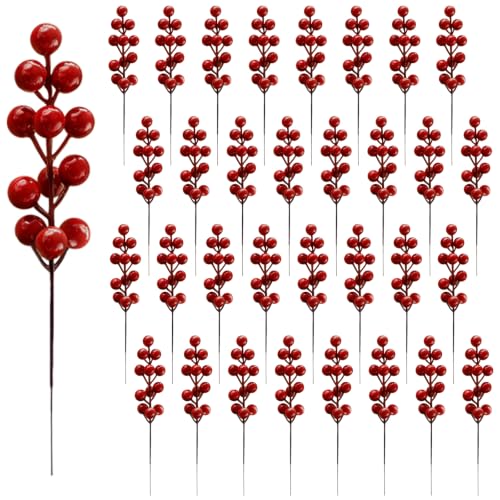 Fangoo 32 Pack 9" Artificial Burgundy Red Berry Picks for Christmas Tree - Red