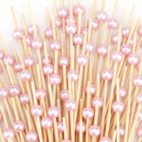 200 PCS Pink Pearl Bamboo Cocktail Picks, 4.7-Inch Decorative Food Skewers