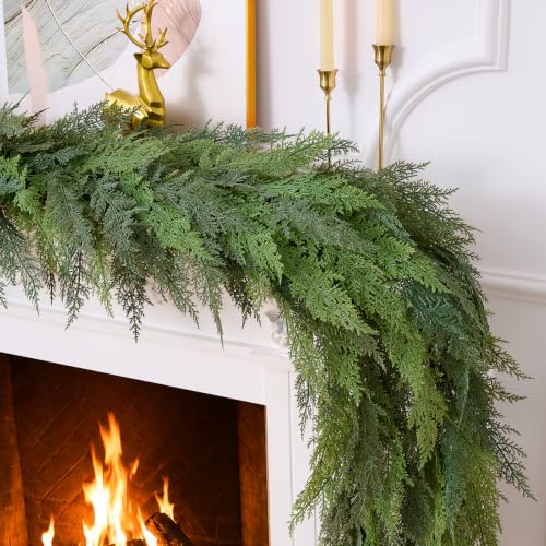 2 Pack 9FT Cedar Garland with 50 LED Lights, Pre-Lit Faux Greenery 9 ft