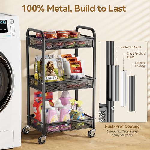 Yasonic 3-Tier Metal Rolling Utility Cart with Wheels, Black Storage Organizer with Hanging Cups and Hooks for Kitchen, Office, and Craft Room