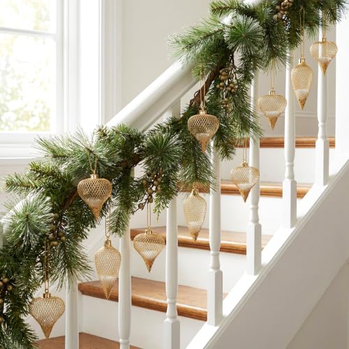 12 Pcs Golden Mesh Ball Christmas Ornaments – A Style, Hollow Hanging Decor 4x1.6in & 3x2in