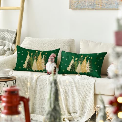 AVOIN Colorlife Christmas Tree Throw Pillow Covers 20 x 12 in, Set of 2, Green Snowflake
