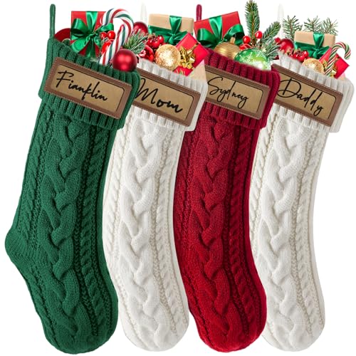 Green Personalized Christmas Stocking with Leather Patches - 18.5 Inch Large Knitted Holiday Decor
