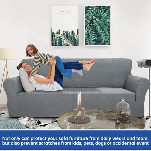 High Stretch Jacquard Sofa Cover for 3 Cushion Couch - Light Gray