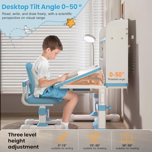 Adjustable Kids Study Desk and Chair Set with Tilt Desktop and Storage