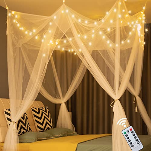 White Princess Bed Canopy with Warm White LED Star Lights & Remote
