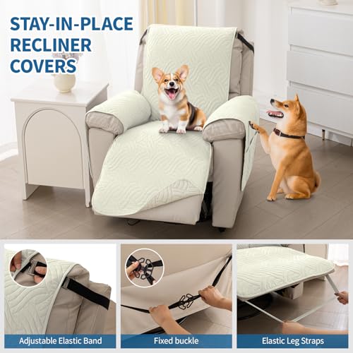 Waterproof Non-Slip Recliner Chair Cover - Quilted Protector with Pocket (Off White, 23")
