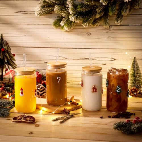 Meanplan 4 Pcs Christmas Glass Tumblers with Lids, 17 oz - Gift Set